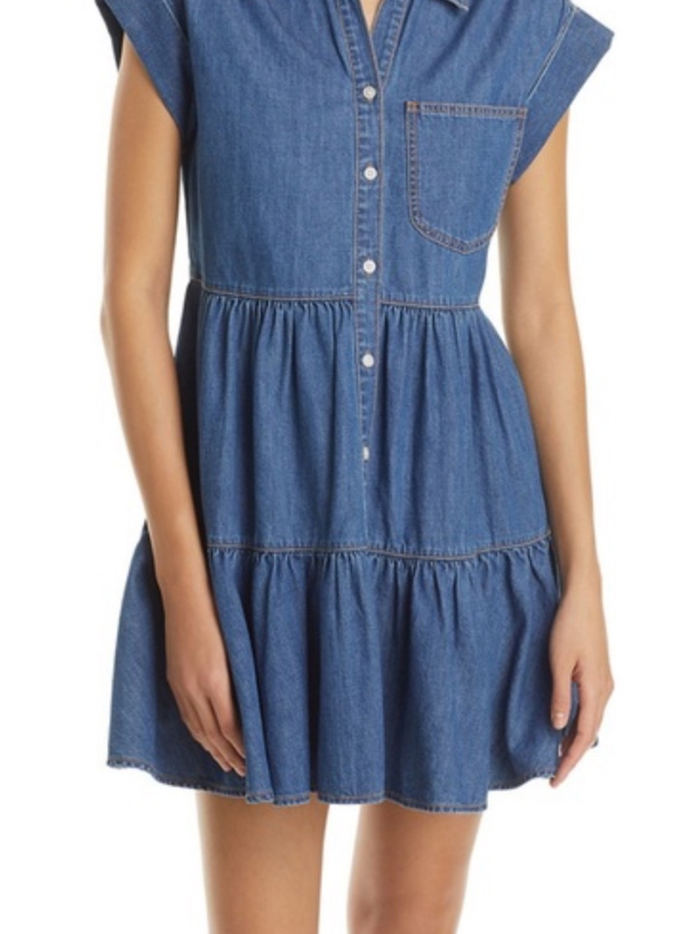 Veronica Beard Trisha Washed Blue Denim Button-Front Tiered Mini Dress, size S